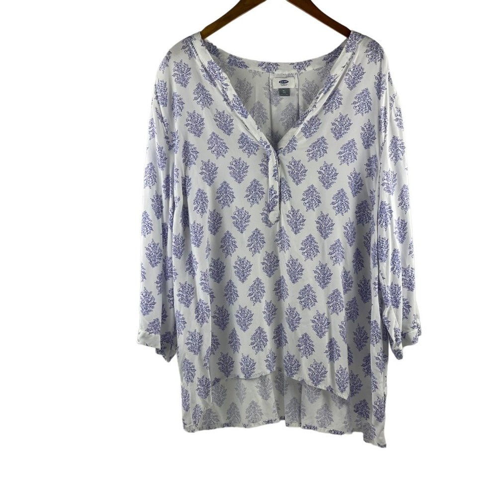 Old Navy Womens Blouse Tunic Top 3/4 Sleeve White Blue Floral Size XL